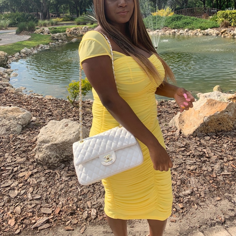 yellow plt ruched dress